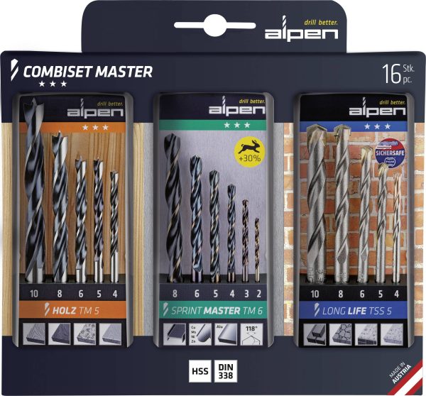 Alpen 0000811003100 Combiset Master 16 szt. Komplet wierteł uniwersalnych metal, kamień, beton, drewno, wyrób kamieniars