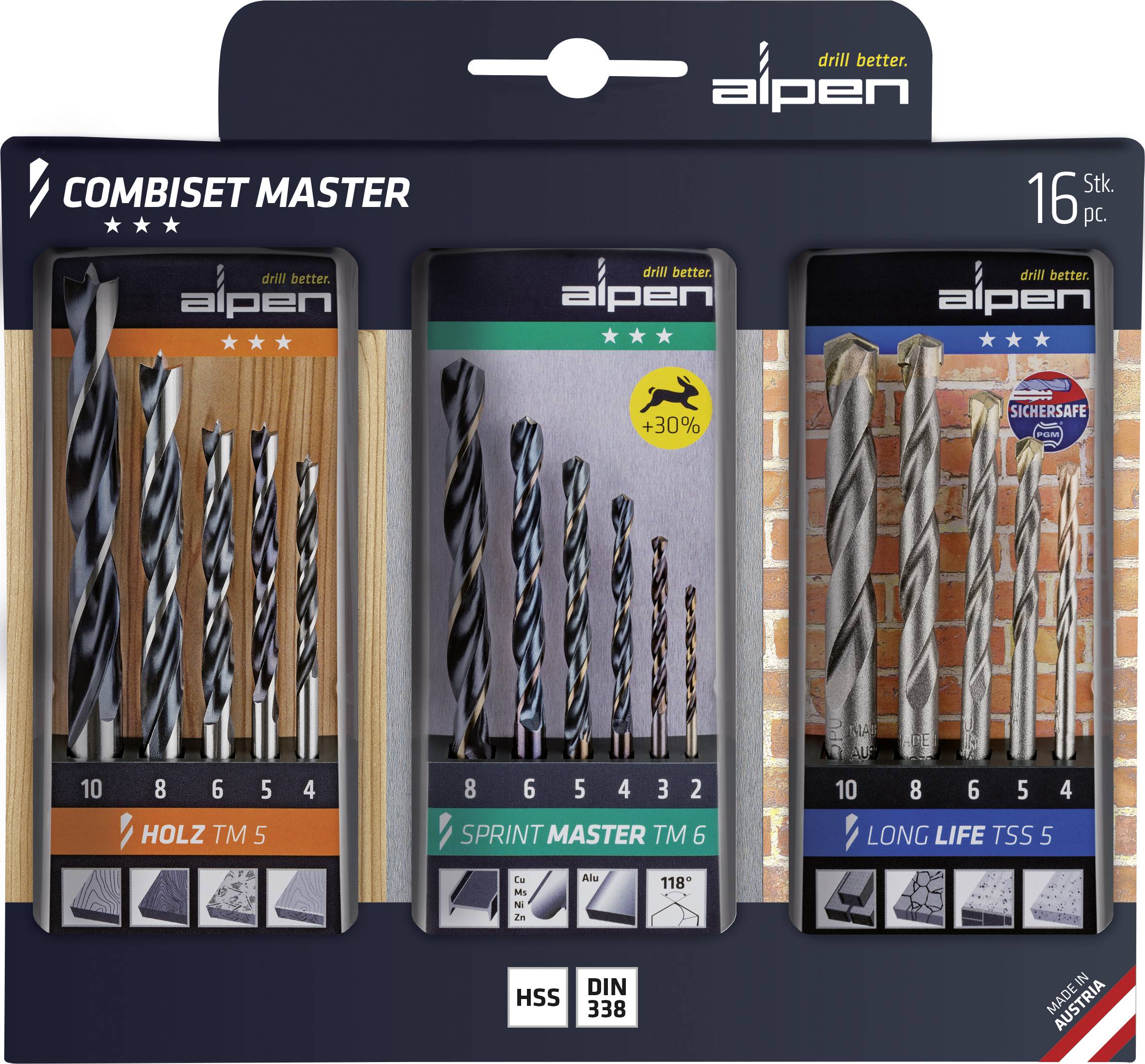Alpen 0000811003100 Combiset Master 16 szt. Komplet wierteł uniwersalnych metal, kamień, beton, drewno, wyrób kamieniars - obrazek 1