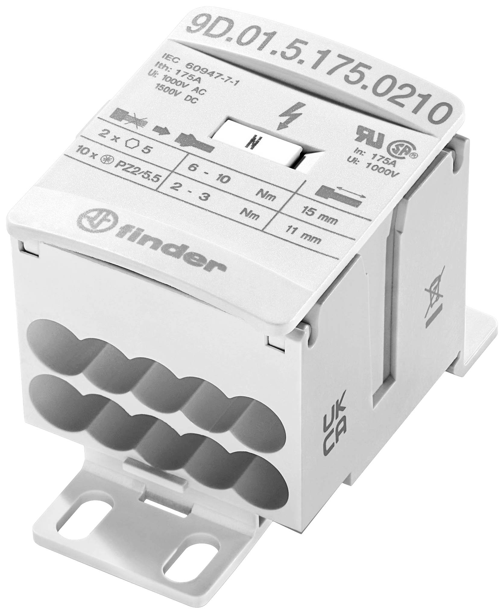 Finder 9D.01.5.175.0210 Dystrybutor biały 12 styków 16 mm² 175 A 1000 V/AC, 1500 V/DC Rodzaj przewodnika = L, N, PE - obrazek 1
