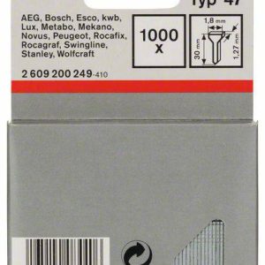 Gwóźdź, typ 47, 1,8 x 1,27 x 30 mm Bosch Accessories 2609200249, N/A, Wymiary (D x S) 30 mm x 1.8 mm, 1000 szt. Gwóźdź, typ 47, 1,8 x 1,27 x 30 mm Bosch Accessories 2609200249, N/A, Wymiary (D x S) 30 mm x 1.8 mm, 1000 szt.