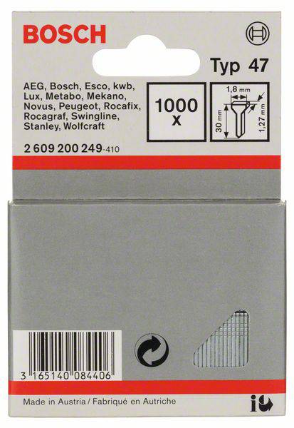 Gwóźdź, typ 47, 1,8 x 1,27 x 30 mm Bosch Accessories 2609200249, N/A, Wymiary (D x S) 30 mm x 1.8 mm, 1000 szt.