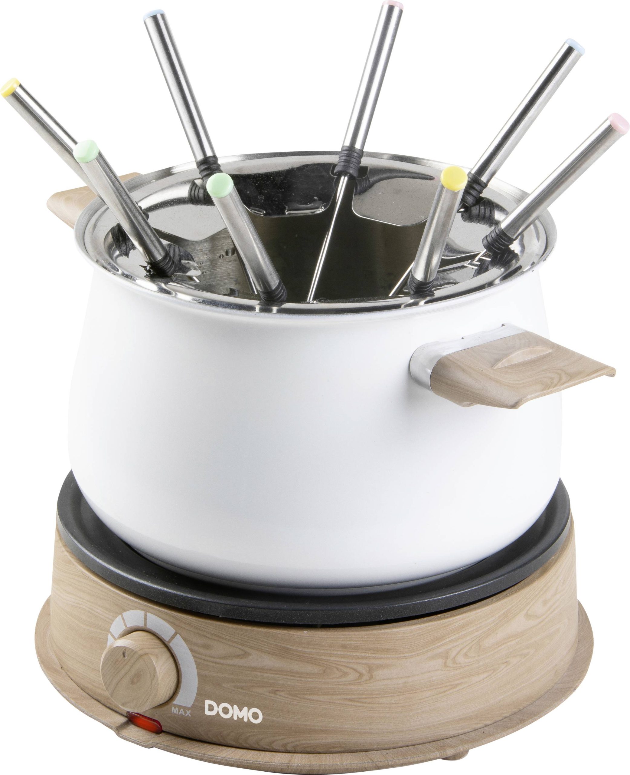 DOMO DO736F Fondue 1500 W lampka kontrolna, 8 widelców do fondue drewno, biały - obrazek 1