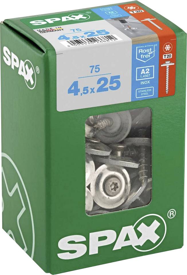 SPAX 4577000450257 Śruba blacharska 4.5 mm 25 mm T-STAR plus stal nierdzewna A2 75 szt. - obrazek 1