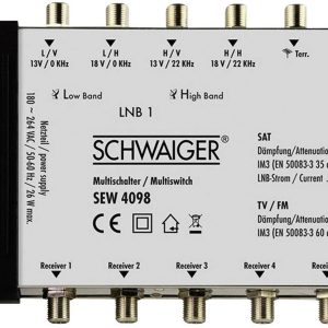 Multiprzełącznik SAT Schwaiger SEW4098 Wejścia (multi-switch): 9 (8 sat/ 1 naziemne) Ilość uczestników: 8 Multiprzełącznik SAT Schwaiger SEW4098 Wejścia (multi-switch): 9 (8 sat/ 1 naziemne) Ilość uczestników: 8
