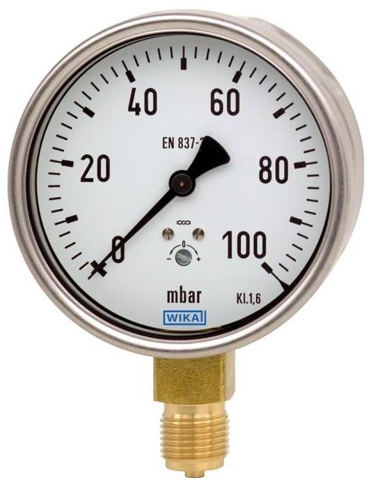 WIKA 9850619 Manometr sprężynowy kapsułkowy Cu-Leg Robust Cl 1.6 612.20.100 -250...0 mbar G1/2B dolny Przyłącze G 1/2 B - obrazek 1