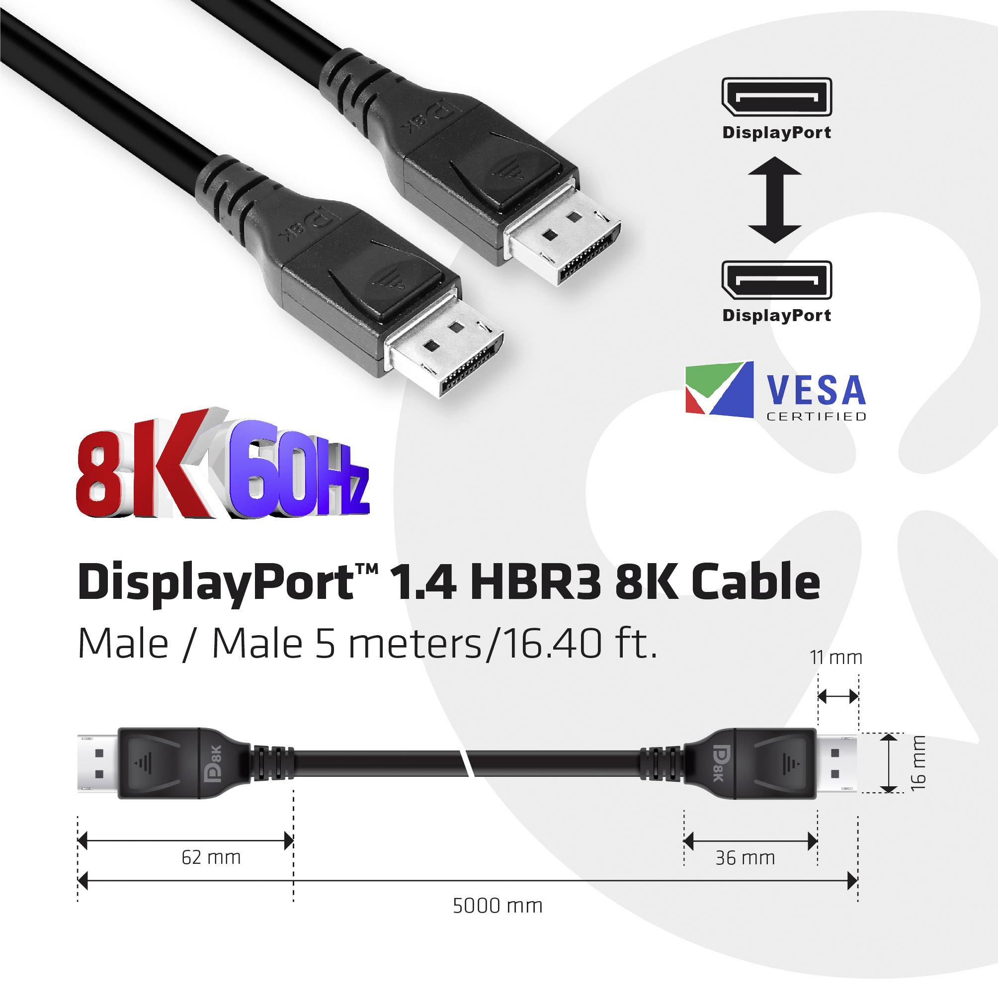 club3D DisplayPort kabel Złącze DisplayPort, Złącze DisplayPort 5.00 m czarny CAC-1061 8K UHD Kabel DisplayPort - obrazek 1