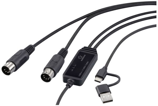 Renkforce RF-6439636 USB, MIDI adapter [2x złącze męskie DIN 5-pin – 1x USB-C, USB-A] czarny 2 m
