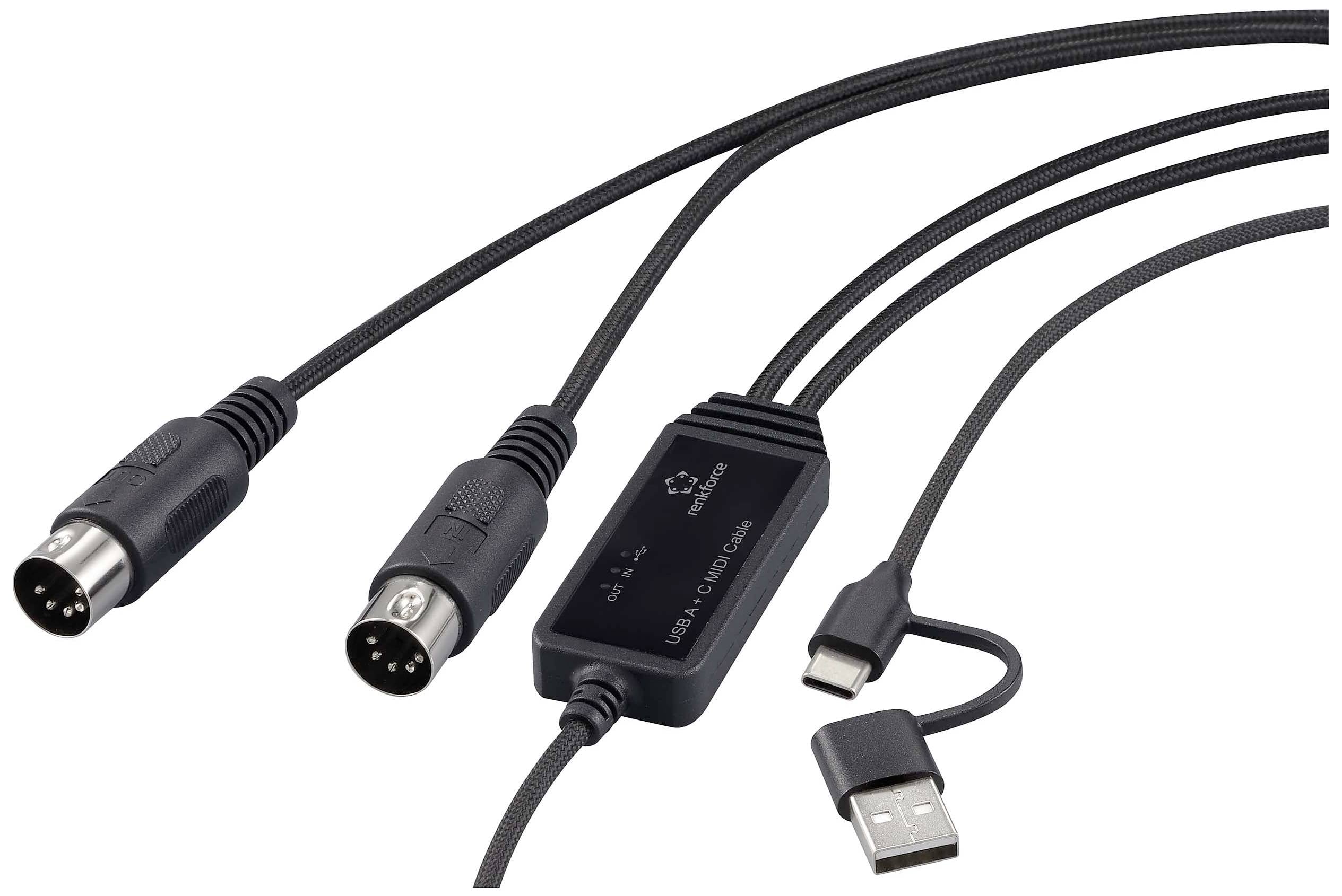 Renkforce RF-6439636 USB, MIDI adapter [2x złącze męskie DIN 5-pin - 1x USB-C, USB-A] czarny 2 m - obrazek 1