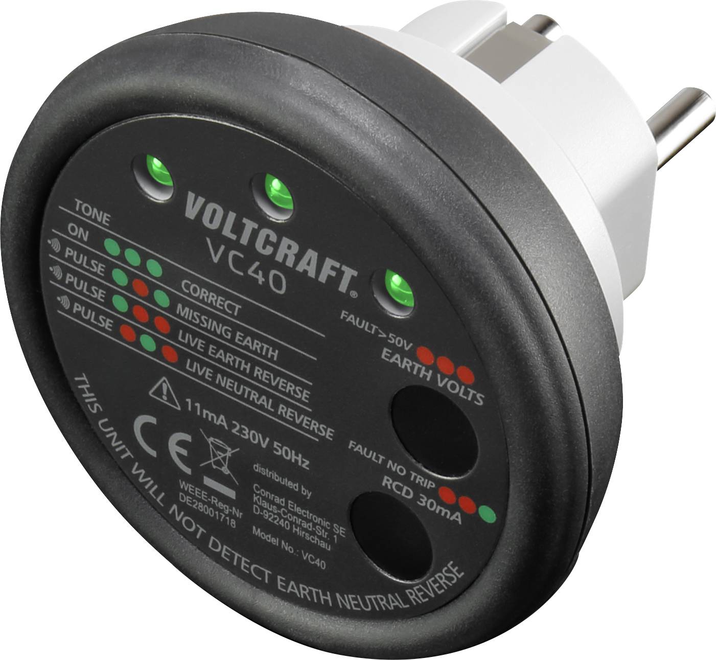 Tester gniazdek VOLTCRAFT VC40 CAT II 300 V - obrazek 1