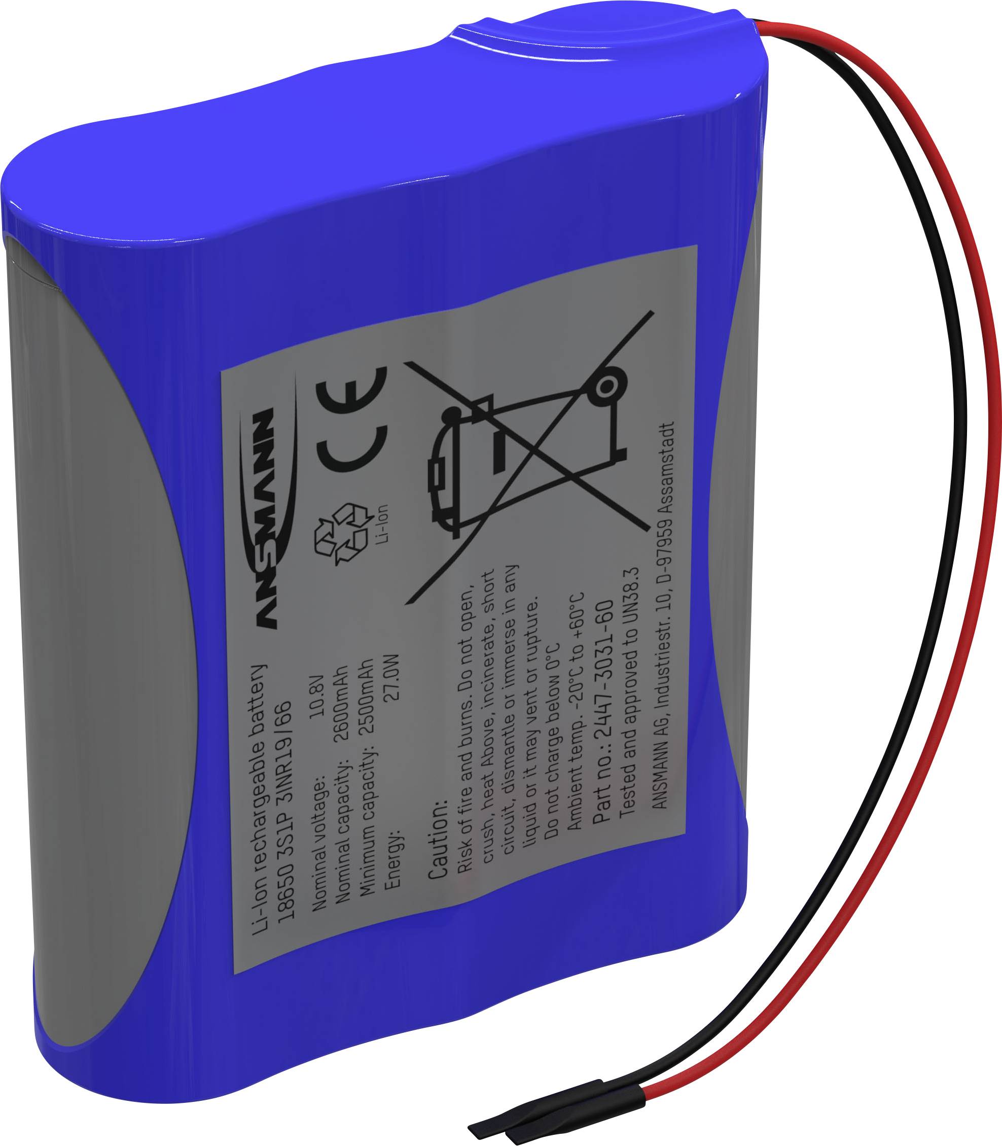 Pakiet akumulatorów 18650, Li-Ion Ansmann 3S1P, Ilość ogniw: 3, 10.8 V, 2600 mAh, Przewód - obrazek 1