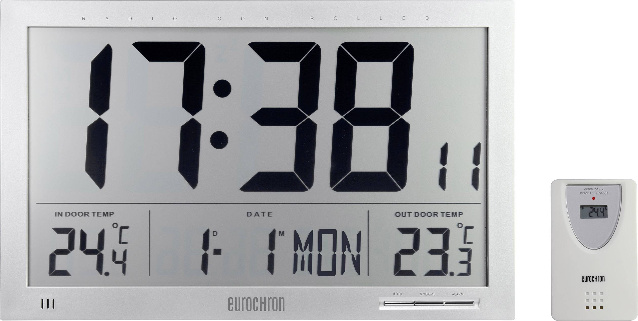 Eurochron EFWU Jumbo 102 Sterowany radiowo Zegar ścienny 37 cm x 23 cm x 3 cm srebrny - obrazek 1