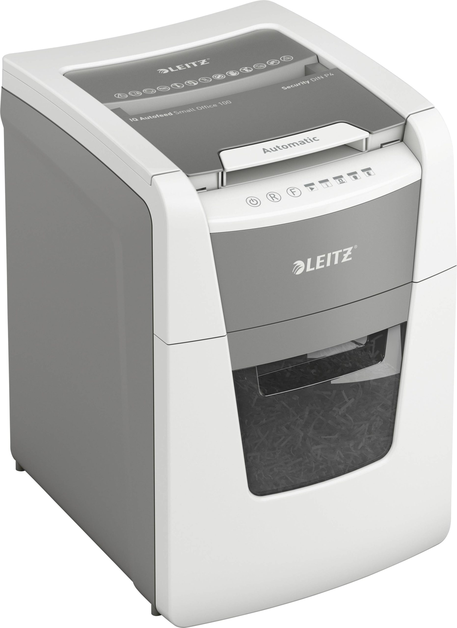 Leitz IQ Autofeed Small Office 100 P4 Niszczarka 100 ark. Cięcie na drobne elem. 4 x 30 mm P-4 34 l Niszczy także spinac - obrazek 1