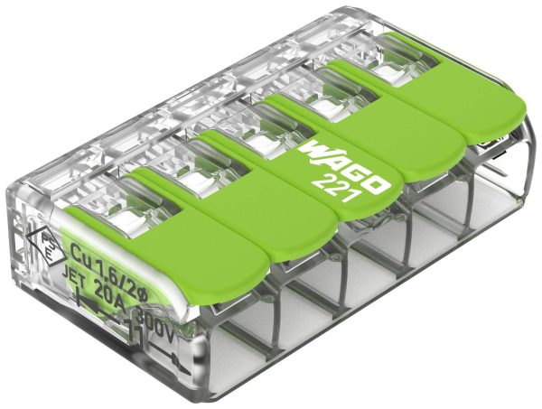 WAGO 221-425 221 Złącze zaciskowe elastyczny: 0.14-4 mm² stała: 0.2-4 mm² Ilość styków: 5 25 szt. przeźroczysty, zielony