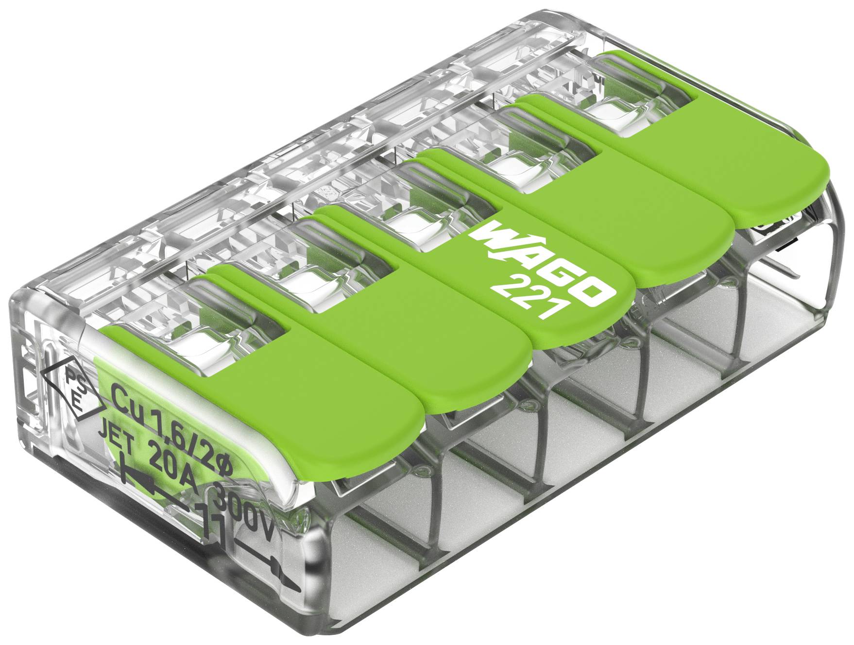 WAGO 221-425 221 Złącze zaciskowe elastyczny: 0.14-4 mm² stała: 0.2-4 mm² Ilość styków: 5 25 szt. przeźroczysty, zielony - obrazek 1