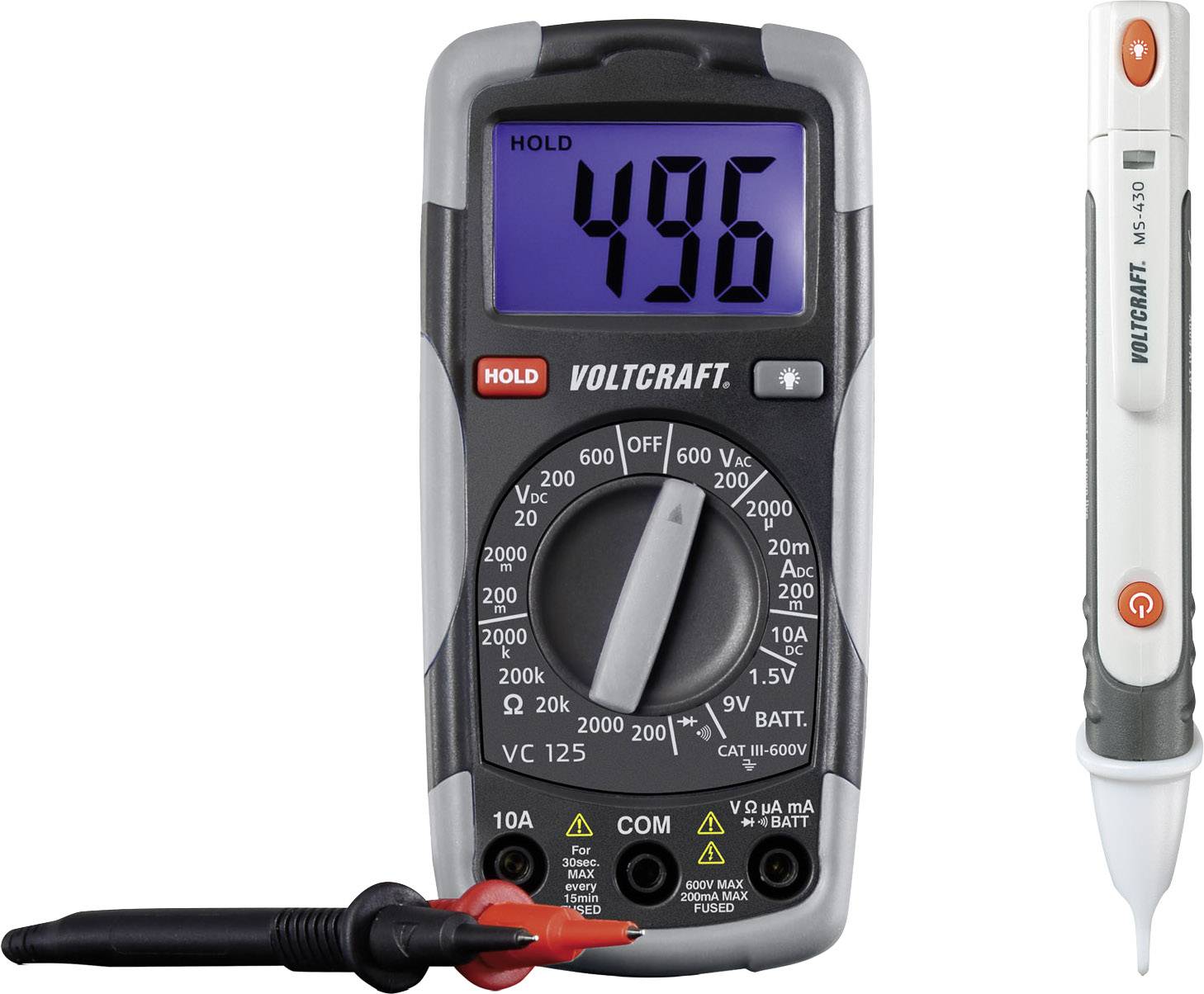 Zestaw pomiarowy VOLTCRAFT 1214405, multimetr cyfrowy + tester napięcia CAT III 600 V - obrazek 1