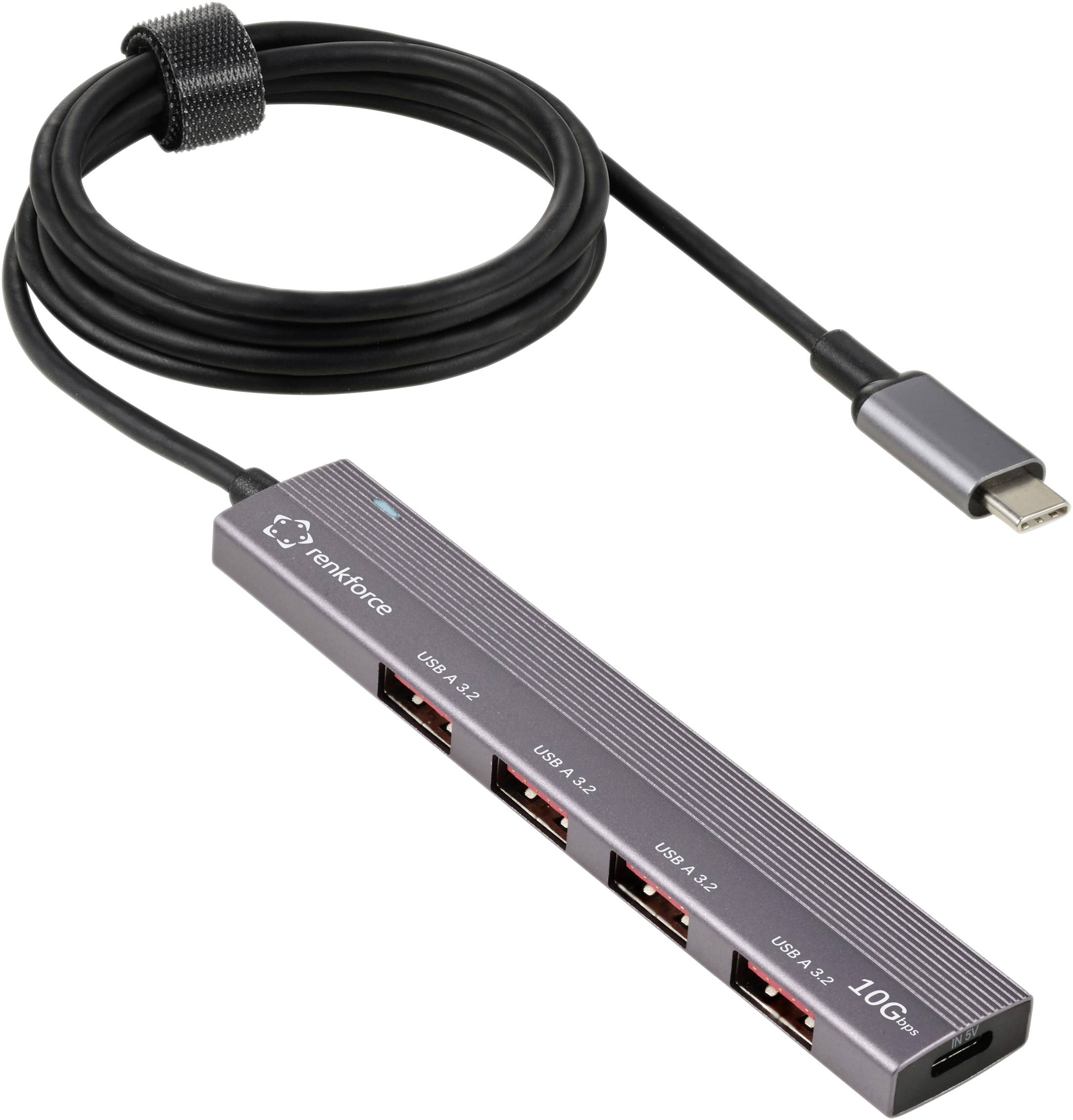 Renkforce RF-6700798 USB-Hub 4 porty USB-A USB 3.2 Gen2 10 GBit/s z wtyczką USB-C, aluminiowa obudowa, Port ładowania US - obrazek 1
